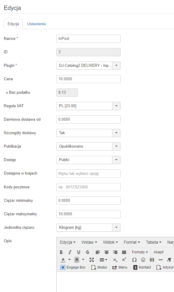 konfiguracja ustawień metody dostaw w dj-catalog2