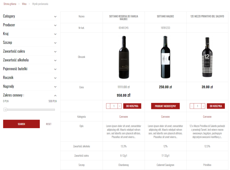 porównywanie produktów w sklepie internetowym z winami